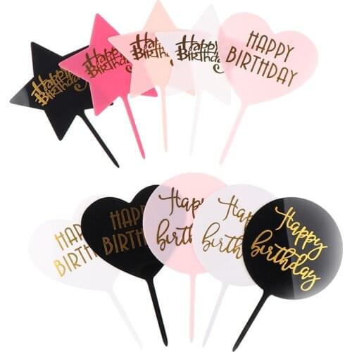 16pcs HAPPY BIRTHDAY Acrylic Cake Topper Dessert Baking Party Decoration Pink Blue Boy or Girl Gender Reveal Cupcake Topper