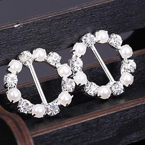 10 Pieces Diamante Round Pearl Crystal Rhinestone Wedding Ribbons Buckles Sliders 12mm Silver