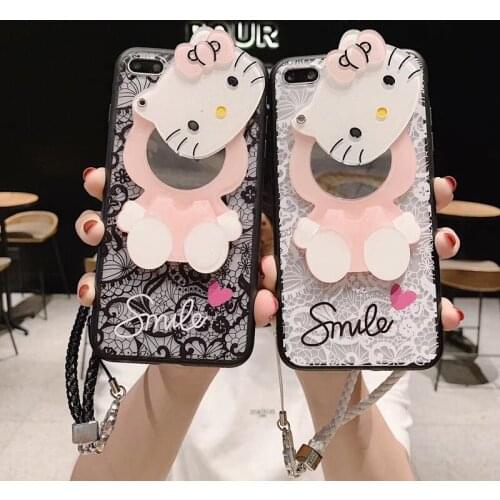 Lace Phone Case For iphone xr xs max x Mirror case Cartoon KT cat Soft Phone Cases For iphone 7 8 plus 6 6s back cover + Strap