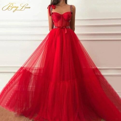 Red Prom Dresses Long Beading Straps Belt A Line Evening Dresses Sweetheart Elegant Tulle Robe de soiree Christmas Party Dress