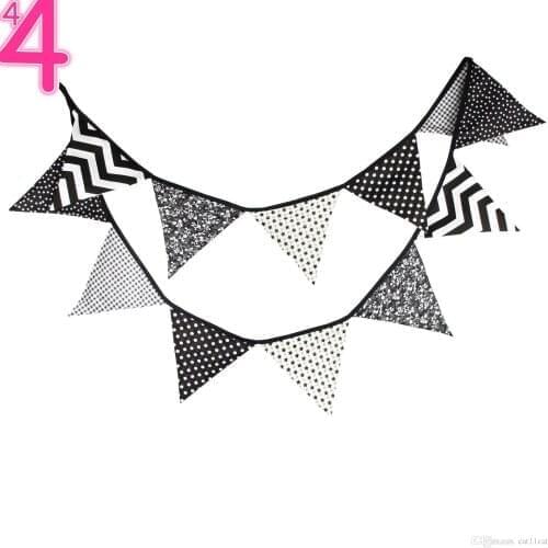 Double Sided Black and White Cotton Fabric Pennant Flag Bunting Banner Baby Shower Birthday Party Christmas Decor