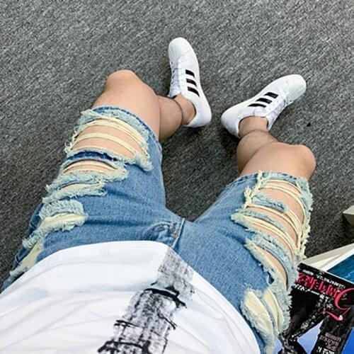 Summer denim shorts tide male Korean version of the trend five points pants denim shorts hole trousers mens boys hip hop