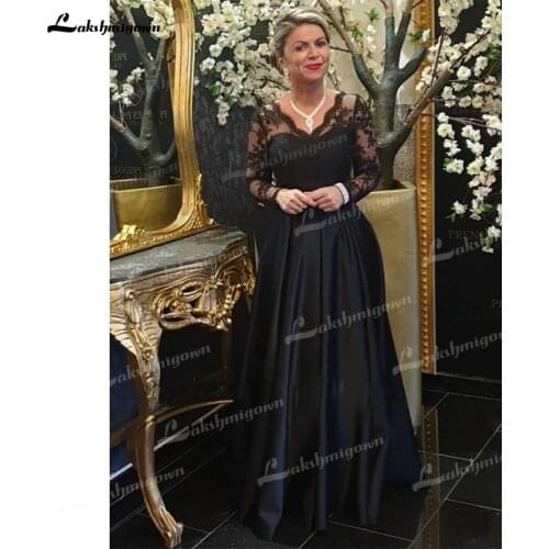 Elegant V Neck Long Sleeve Satin Lace Black Mother of the Bride Dresses Long Wedding Party Gowns vestido madrinha de casamento