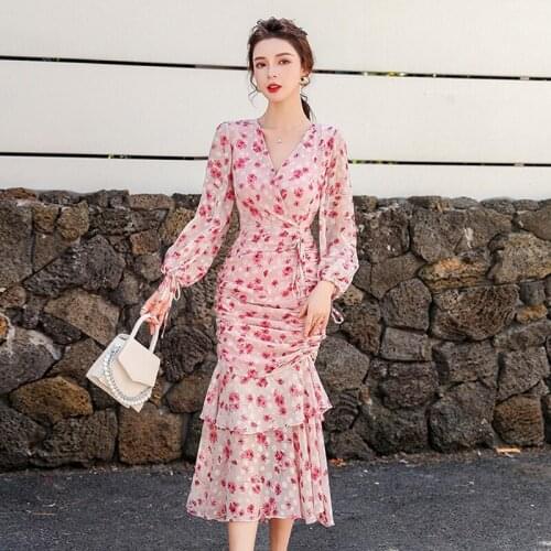 Summer Dress Elegant Vintage Print Floral Pink Women Dresses Bodycon Bandag Long Mermaid Sundress Party Sexy Korean Clothes