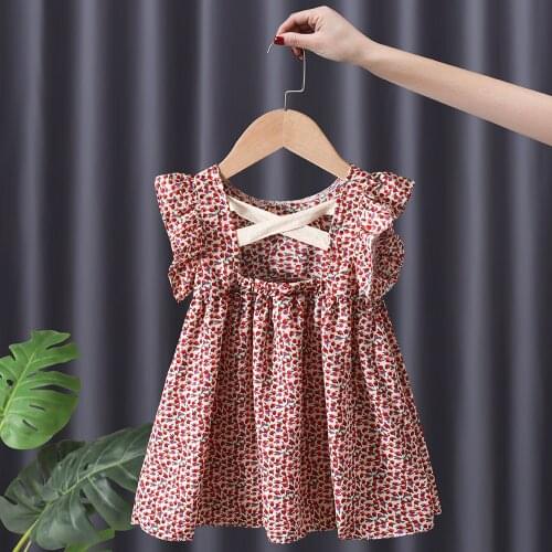 Fashion New Style Summer Girls Dress Floral Infant Backless Pleated Sleeve Little Baby Clothing Children Crisscross Dress