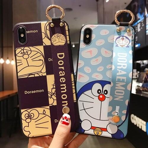 Cartoon Doraemon Wrist Strap Phone Case for iPhone 12 Pro Max Mini 11 6 6S 7 8 Plus X XR XS Cute Soft Holder Funda