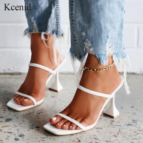 Kcenid New sexy slippers summer fashion straps square head open toe shoes high heel slip on thick heels slides women mules party