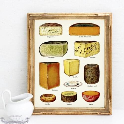 Kitchen Wall Art Decor Vintage Types of Cheese Chart Prints Poster Cheese Food Canvas Painting Modular Picture for Dining Room