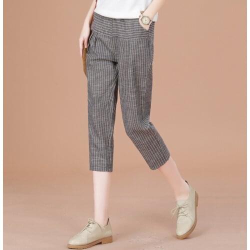 New Women Casual Calf-Length Pants Summer Trousers Striped Elastic Waist Cotton Pants Ankle Length Haren Pants PT-385