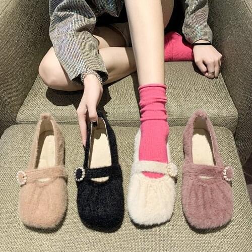 Warm Fur Loafers Plush Flats Winter Women Shoes Woman Slip On Moccasins Footwear Solid Pearl Fur Cotton Casual Shoes Plus Size