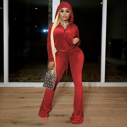 Solid Flocking Two Piece Set Women Simple Casual Zipper Long Sleeve Turtleneck Top+Bandage Lace Slim Female Wide Leg Pants New