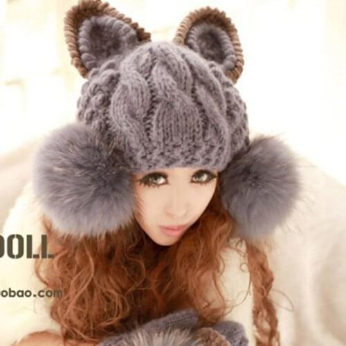 2021 Autumn and winter free shipping Wool knitted womens fashion cat bunny fur ear design cap