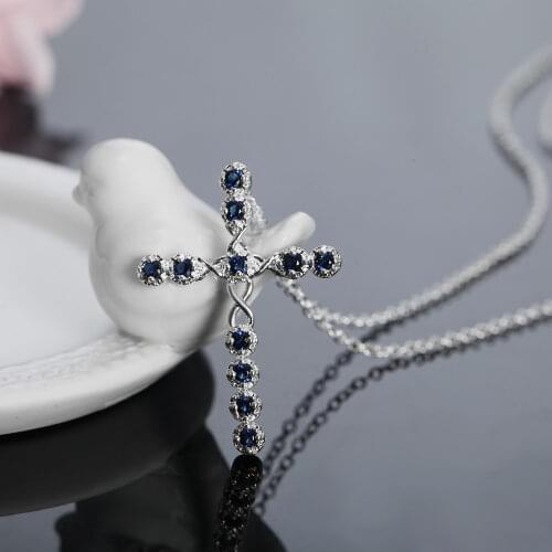 Charms noble 925 Sterling Silver Blue crystal cross Pendant Necklace For Women Holiday gifts fashion Wedding party Jewelry