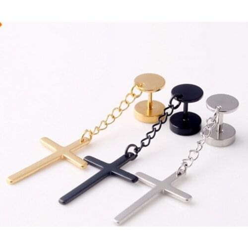 1 Piece Punk Gothic Stainless Steel Stud Earring Cross Round Fake Ear Taper Dumbbell Fashion Women Men Rock Jewelry