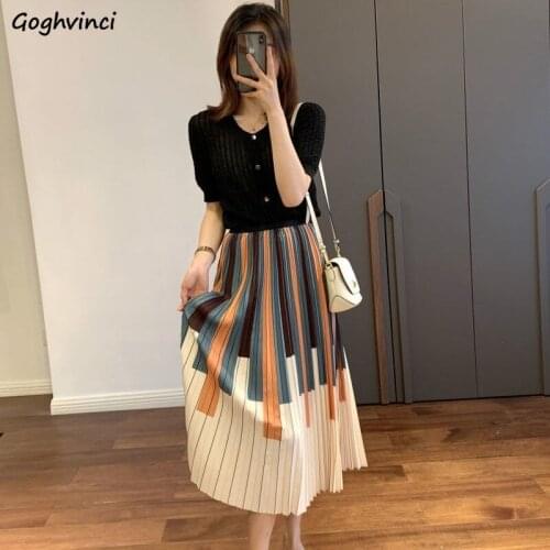 Skirts Women Fashion Pleated Print Summer Panelled All-match Elegant Korean Style High Waist Loose Natural Female Vintage New