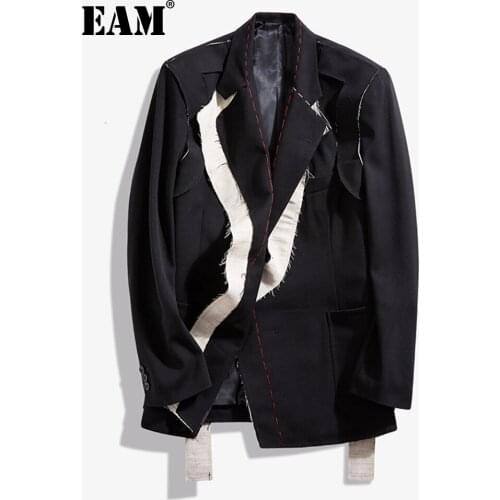 [EAM] Women Black Contrast Color Burr Split Blazer New Lapel Long Sleeve Loose Fit Jacket Fashion Spring Autumn 2021 1N048