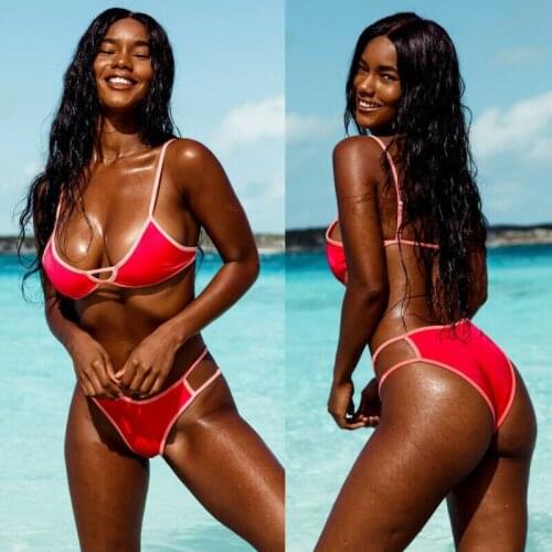 Women Bikini Set Solid Color Triangle Swimwear Bathing Suit 2 Pieces High Waist Swimsuit Padded Push-up Bra Beachwear