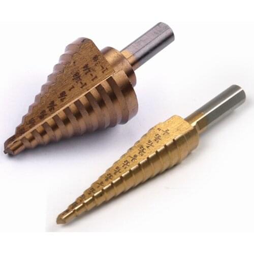 2Pcs 1/8-1/2 1/4-11/8" Triangle Shank Step Drill Bit HSS Titanium Coated Step Core Drill Bit for Carbon Steel Plate Sheet Iron