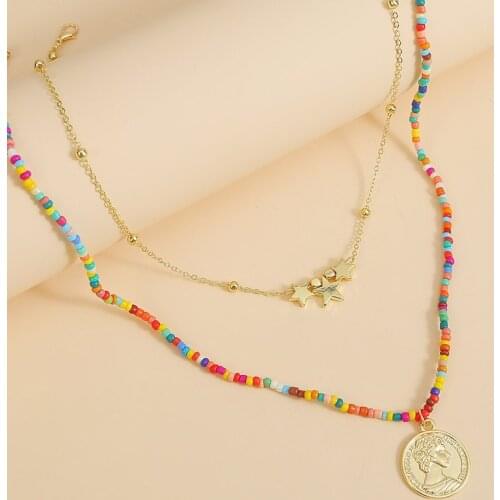 2 Pcs/Set Bohemian Ethnic Star Coin Pendant Necklaces Women Boho Handmade Beaded Gold Long Chain Layered Necklace Jewelry Gift