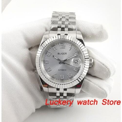 39mm bliger mens watch silver dial luminous mark date sapphire glass miyota Automatic movement watch BA223