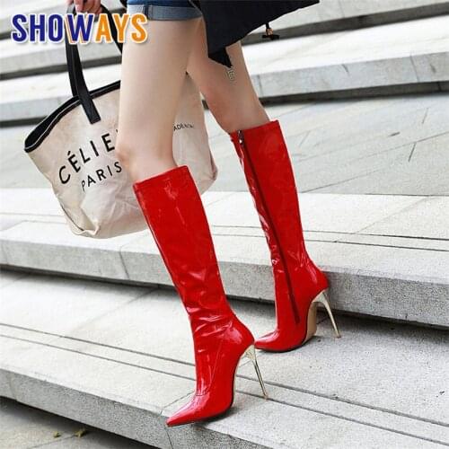 Red Knee-high Boots High Thin Heels Black Patent Leather Pointed Toe Zipper Long Boots Winter Ladies Plush Stiletto Shoes Women