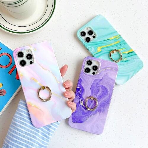 Diamond Gold Ring Stand Colorful Texture Granite Marble Phone Case For iPhone 11 Pro Max X XR 7 8 Plus 12 Pro Smooth Back Cover