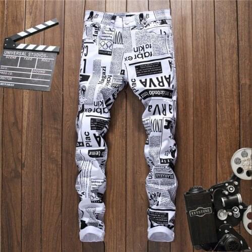 Mens White Letter Print Jeans 2020 New Casual Mens Nightclub Jeans Skinny Biker Jeans For Man Denim Punk Pants Vaqueros Hombre