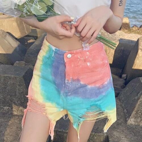 China to create a new personalized fashion tie-dye printing high waist hole wide leg denim shorts in stock