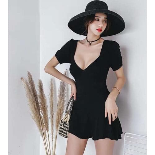 Swimsuit Korean Bubble Sleeve Low-Necked Back Hollow Bow Tie Lace Sexy Show Thin Temperament Resort Hot Spring Skirt Swimsuit