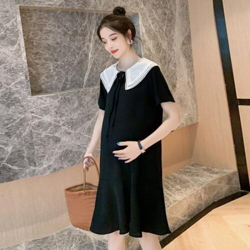 Summer Korean Fashion Black Maternity Dress Sweet Chic Ins Elegant Clothes for Pregnant Women Slim Pregnancy Ruffle Dress