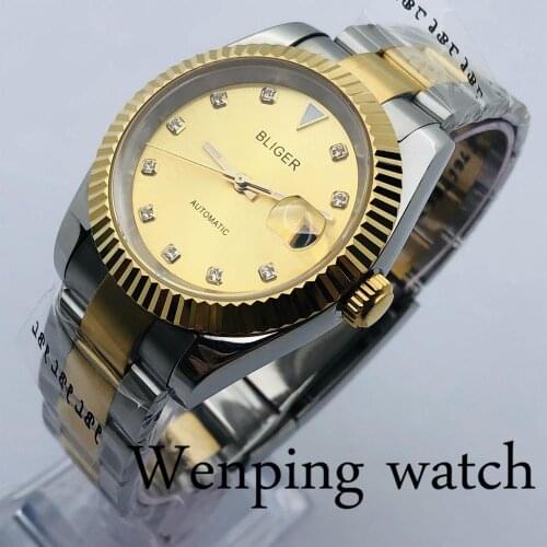 Bliger 40mm Mens Top Luxury Mechanical Watch Silver Gold Case Sapphire Glass Gold Dial Date Waterproof Mens Automatic Watch