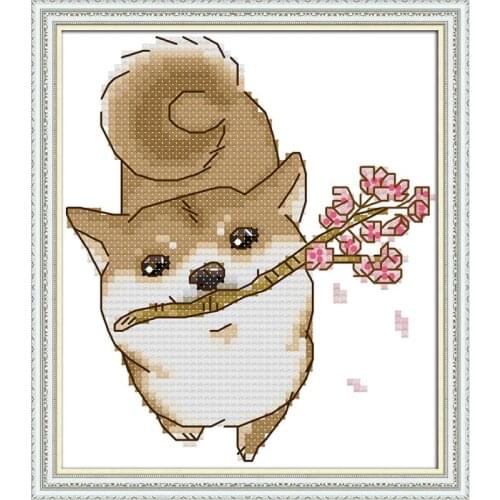 Joy Sunday Dog Gently Bites The Peach Blossoms Counted Cross Stitch Kit DMC Printed Canvas Embroidery Needlework Sets Home Decor
