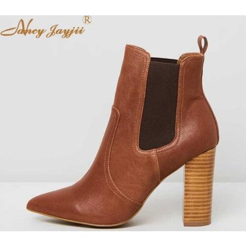 Brown High Heeled Ankle Boots Spring Elastic Band Wood Print Block Heels Pointed Toe Elegant Fashion Women Shoes 2021