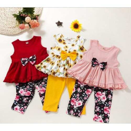 Girls clothes fashion suits 2021 summer sleeveless bow skirt tops + printed trousers 2PCS girls suits 1-6 years old