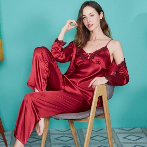 Pajamas Womens Silk Ice Silk Sexy Nightdress Ladies Spring Long-Sleeved Trousers Three-Piece Large Size Home Service