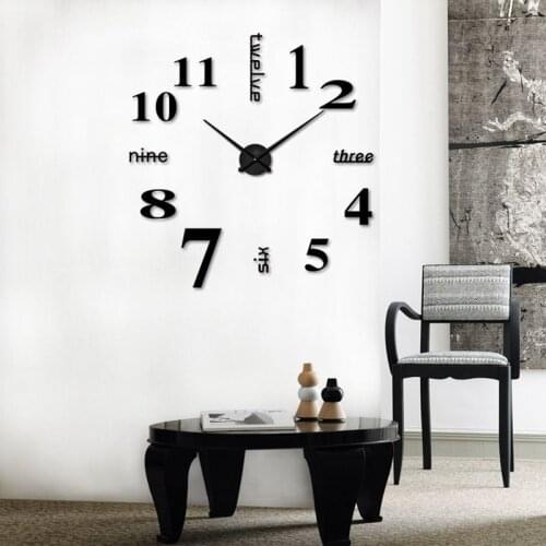 Promotion! 3D Large Wall Clock Mirror Sticker Big Watch Sticker Home Decor Unique Gift DIY black