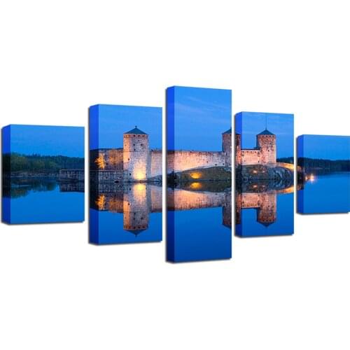 Modern Poster Modular Canvas Pictures 5 Pieces Building Lake Landscape Paintings Decor Home Living Room HD Prints Frame Wall Art