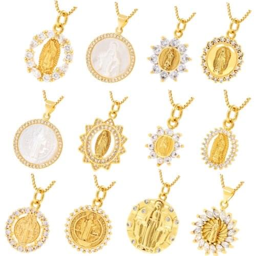 Vintage Gold Plated Charms Crtsyal Beads Mary Virgen De Guadalupe Milagrosa Shell Pendants Chain Necklace For Party Gift Jewelr