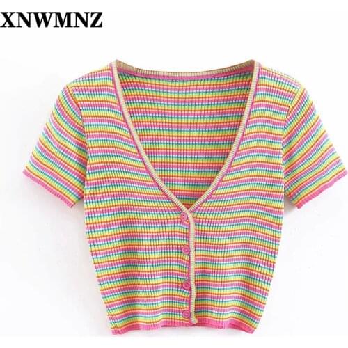 XNWMNZ 2021 Women Striped Short Sleeve T-shirt Womens Casual V Neck Single Breasted Knitted T-Shirt Female Sexy Slim Crop Tops
