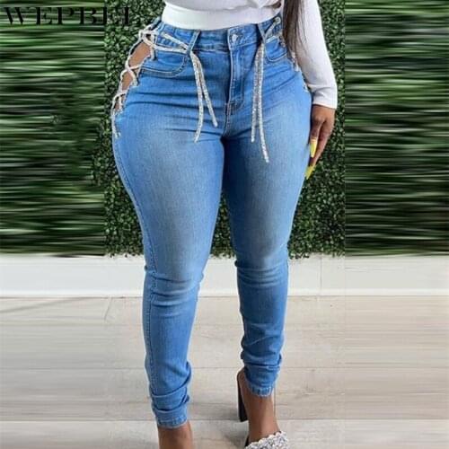 WEPBEL Women Sexy Bandage Skinny Pencil Jeans Ladies Vintage High Waist Lace Up Stretch Bodycon Denim Pants Long Trousers