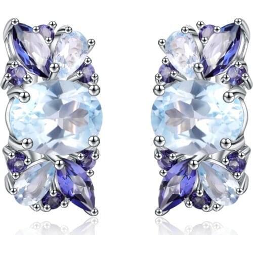GEMS BALLET Natural Sky Blue Topaz Mystic Quartz Flower Stud Earrings 100% 925 Sterling Silver Earrings For Women Fine Jewelry