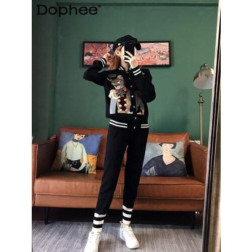 Oversized Knitted Pants Tracksuit 2021 Autumn Winter Retro Embroidered Cardigan Sweater Jacket Two Piece Outfit Women Clothing
