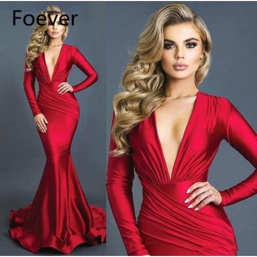 2020 Sexy Red Elastic Silk Like Satin Deep V-neck Mermaid Red Evening Dresses Ruched Long Sleeves Formal Prom Dress Vestidos