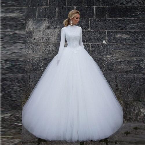 High Neck Elegant Women Arabic Wedding Dresses Long Sleeve Top Lace Ball Gown Sweep Train Bride Dress vestido de noiva 2020