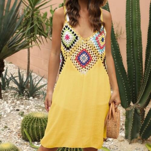 Women beach Dress Crochet Spaghetti Strap Cover-ups Summer Patchwork V Neck Sunscreen Cover up Chic Elegant Dresses Clothes 2021