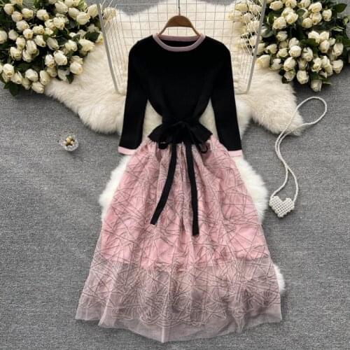 Fall New Fashion Ladies Dress Contrast Color Knitted Stitching O-neck Knitted Dress Vestidos De Fiesta Elegant Ladies Party Dres