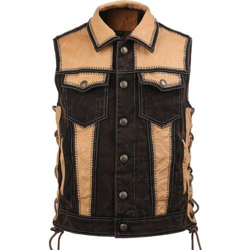 New Product Genuine Leather Vest Mens Stone-Polished Khaki First Layer Cowhide Canvas Motorcycle Jacket Short Slim Vest