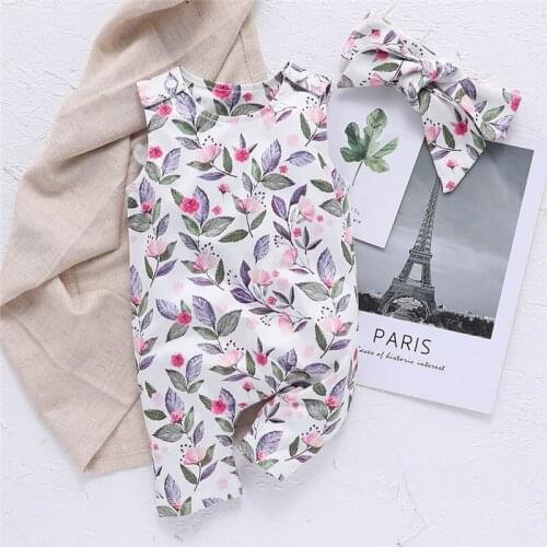 2PCS Baby Romper+Headband Baby Girls Romper Newborn Summer Kids Fashion Clothes Floral Toddler Outfit Cotton Girls Playsuit Cute