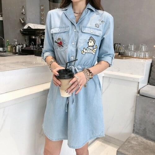 2020 summer new womens cartoon embroidery Lapel Casual Short Sleeve denim dress mt-ttoj206302i