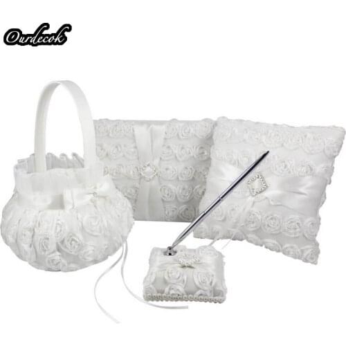 OurDecor 4Pcs/lot White Flower Decoration Wedding Guest Book& Pen Set &Ring Pillow &Girls Flower Basket Decor Bridal Products